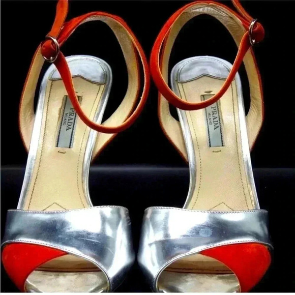 Prada Silver & Orange Leather & Suede ankle strap heels size 38 Great condition - Picture 5 of 11